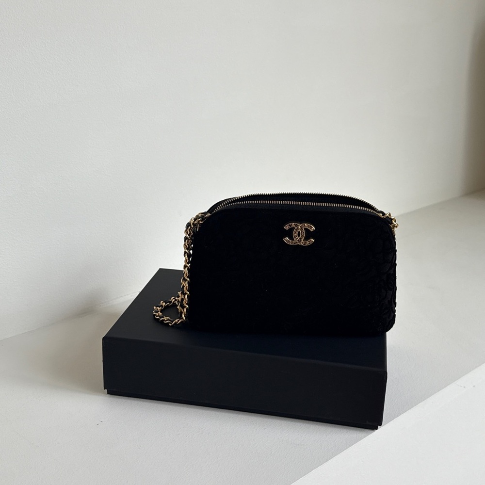 Chanel Black Velvet Crossbody Bag with Gold Accents